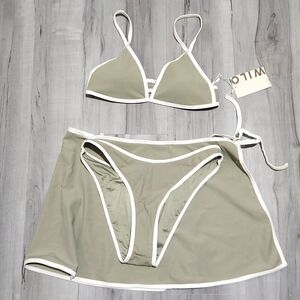 NWT Sage/White 3pc Bikini Wilo the Label Set with Swim Skirt Coverup